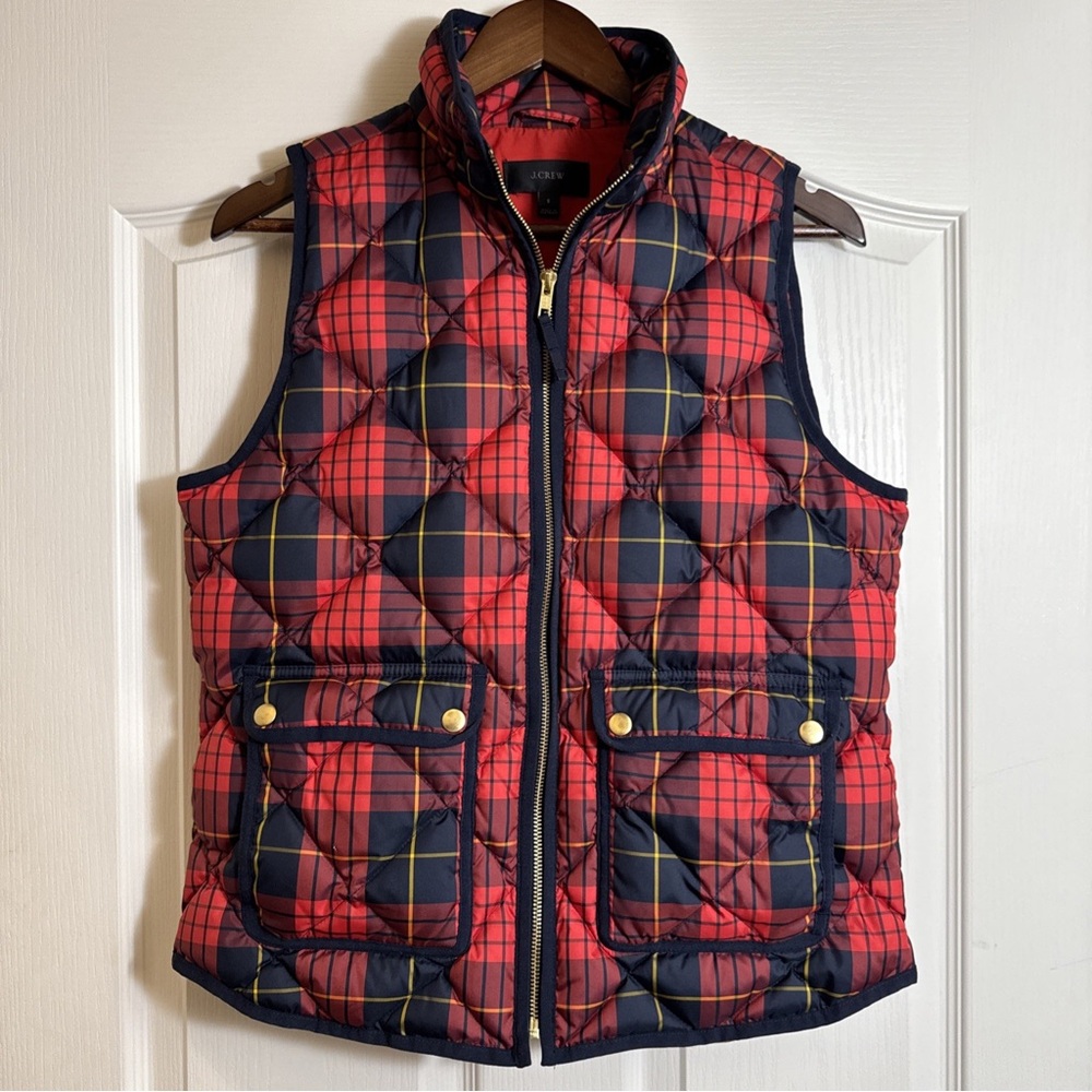 J. Crew Women's Red and Navy Plaid Quilted Vest